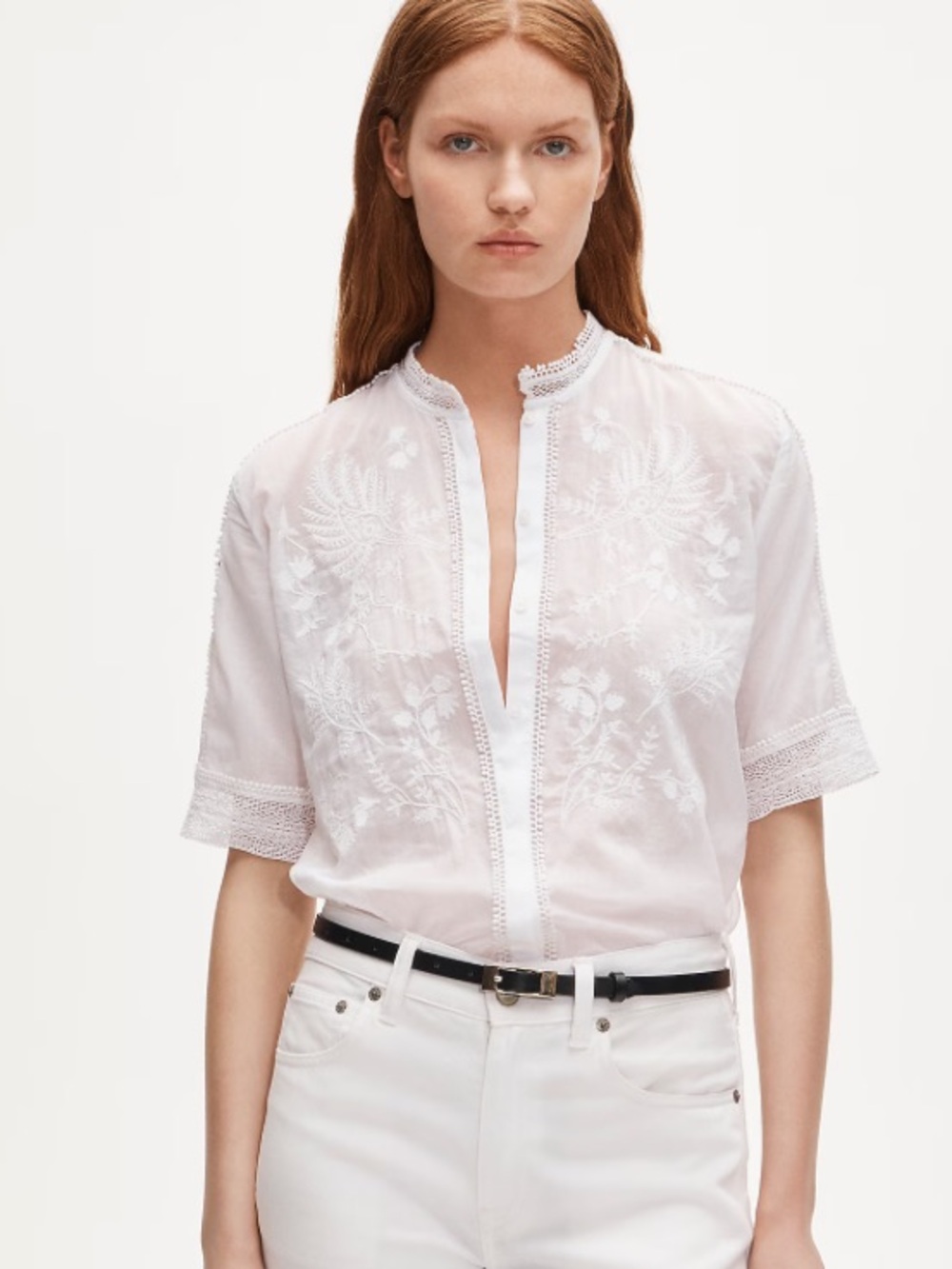 J crew white Embroidered lace-trim button-up shirt